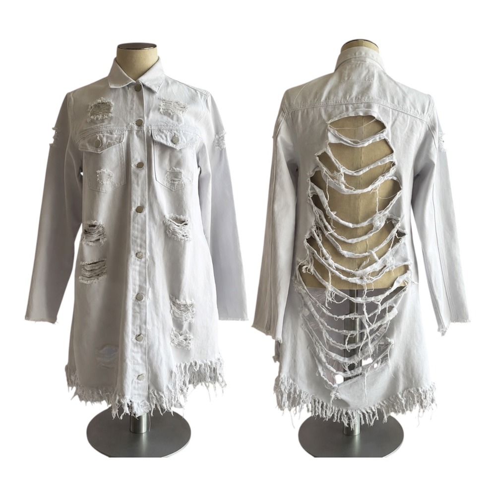American Bazi White Denim‎ Jacket M Distressed Shredded Open Back Grunge Y2K